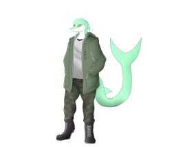  anthro boots clothed clothing coat fish flexet_(photolol.03) green_body hi_res male marine military_pants photolol.03 shark simple_background solo topwear trenchcoat yellow_eyes 