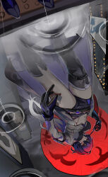  absurdres acheron_(honkai:_star_rail) bandaged_leg bandages belt black_belt black_footwear black_gloves black_shorts blood blood_from_eyes body_markings boots breasts coat coattails corrupted_twitter_file female full_body gloves gradient_hair hashtag-only_commentary highres holding holding_umbrella honkai:_star_rail honkai_(series) ill_grim leg_tattoo looking_at_viewer medium_breasts midriff multicolored_hair navel oil-paper_umbrella purple_eyes purple_hair rain reflective_floor shorts single_thigh_boot single_wide_sleeve solo standing tattoo thigh_boots umbrella water white_coat white_hair 