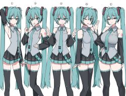  :o ;o absurdres aqua_eyes aqua_hair aqua_necktie arm_tattoo arm_up armpits bare_shoulders black_thighhighs breasts bust_chart channel_(_caststation) collarbone colored_skin commentary_request comparison detached_sleeves double_v feet_out_of_frame female flat_chest flying_sweatdrops grey_shirt hatsune_miku headset highres impossible_clothes impossible_shirt index_finger_raised large_breasts long_hair looking_at_viewer medium_breasts miniskirt multicolored_skin multiple_views necktie nervous_smile number_tattoo one_eye_closed pleated_skirt shirt simple_background skirt sleeveless sleeveless_shirt small_breasts smile staring sweatdrop tattoo thighhighs twintails two-tone_skirt v very_long_hair vocaloid white_background zettai_ryouiki 