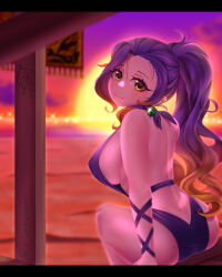  absurdres artist_name ass back backboob beach blurry blurry_background blush breasts brown_hair closed_mouth covered_nipples earclip earrings female from_behind glint gradient_hair green_tea_reimu high_ponytail highres hijiri_byakuren jewelry large_breasts long_eyelashes long_hair looking_at_viewer looking_back multicolored_hair ocean one-piece_swimsuit ponytail purple_hair purple_sky sideboob single_earring sitting sky solo sun sunset swimsuit thighs touhou two-tone_hair wavy_hair wooden_beam 