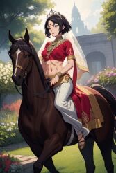  1girls abs ai_generated bindi black_hair blouse crown garden gold_jewelry green_eyes horse indian indian_clothes indian_female jewelry light-skinned_female light_skin midriff navel riding riding_horse saree sari short_hair tiara veil 