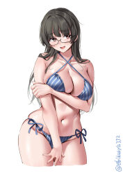  artist_name bare_shoulders bikini black-framed_eyewear black_hair blue_bikini blush breasts choukai_(kancolle) collarbone cropped_legs ebifurya female glasses hand_on_own_arm highres kantai_collection large_breasts long_hair looking_at_viewer navel one-hour_drawing_challenge open_mouth semi-rimless_eyewear side-tie_bikini_bottom sidelocks simple_background skindentation solo stomach strap_gap striped_bikini striped_clothes swimsuit thighs twitter_username vertical-striped_bikini vertical-striped_clothes white_background 