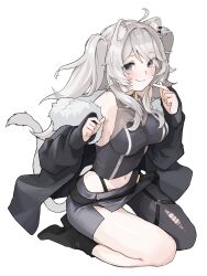  9tk9m ahoge animal_ear_fluff animal_ear_piercing animal_ears bare_shoulders black_footwear black_jacket black_pantyhose black_shirt boots breasts cleavage crop_top female full_body fur-trimmed_jacket fur_trim grey_eyes grey_hair grey_skirt halter_shirt halterneck hands_up hashtag-only_commentary high_heel_boots high_heels highres hololive jacket jewelry large_breasts lion_ears lion_tail long_hair looking_at_viewer messy_hair midriff miniskirt navel necklace o-ring o-ring_thigh_strap oerba_yun_fang off_shoulder open_clothes open_jacket pantyhose pointing pointing_at_viewer see-through see-through_cleavage seiza shirt shishiro_botan shishiro_botan_(1st_costume) sidelocks simple_background single_leg_pantyhose sitting skin_fang skin_tight skirt sleeveless sleeveless_shirt sleeves_past_wrists smile solo swept_bangs tail thigh_strap torn_clothes torn_pantyhose two_side_up virtual_youtuber white_background zipper_skirt 