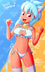  1girls animal_ears bell_collar big_breasts blue_hair bra breasts cat_bell cat_ears cat_keyhole_bra cat_lingerie character_name cleavage cleavage_cutout collar colored_nails crystal_prep_academy_student equestria_girls eyebrows_visible_through_hair female female_only friendship_games frosty_orange_(eg) happy hasbro hi_res highres lingerie looking_at_viewer my_little_pony navel open_mouth orange_skin panties purple_eyes side-tie_panties smile smiling solo solo_female stockings tail the-butch-x thighhighs thighs thumbs_up tongue 