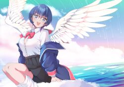  :d absurdres amamiya_maki_(miyama_(yakinikusushi_the_royal)) angel bike_shorts_under_skirt black_shorts black_skirt blue_eyes blue_hair blue_jacket breasts button_gap cleavage collared_shirt commentary_request dark_blue_hair dress_shirt feathered_wings feet_out_of_frame female hair_ornament hairclip highres jacket large_breasts large_wings looking_at_viewer loose_socks miniskirt miyama_(yakinikusushi_the_royal) off_shoulder on_cloud open_clothes open_jacket open_mouth original partial_commentary partially_unbuttoned pleated_skirt red_pupils school_uniform shirt shorts sitting skirt smile socks solo star_trail teeth upper_teeth_only white_shirt white_socks white_wings wings 