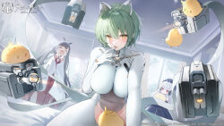  3girls absurdres admiral_nakhimov_(azur_lane) animal animal_ears artist_request azur_lane bird blush bodysuit breasts closed_eyes commentary_request copyright_name covered_navel daisen_(azur_lane) day dress green_hair hair_ornament halford_(azur_lane) hand_up highres holding indoors japanese_clothes large_breasts logo long_hair long_sleeves looking_at_viewer manjuu_(azur_lane) mechanical_ears miko multiple_girls official_art open_mouth red_eyes short_hair skin_tight stuffed_toy tongue tongue_out turtleneck white_bodysuit wide_sleeves window yellow_eyes 