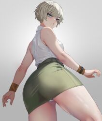  ass blonde_hair dead_by_daylight female heather_mason jacket looking_at_viewer miniskirt panties pencil_skirt short_hair silent_hill_(series) silent_hill_3 simple_background skirt sleeveless solo suzusiron thighs underwear watch white_background white_panties wristband 