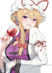  absurdres blonde_hair bow breasts butterfly_earrings cup detached_sleeves earrings female gloves hairbow hat hat_ribbon highres holding holding_cup jewelry large_breasts looking_at_viewer mob_cap purple_eyes purple_tabard qiao_yucheng red_bow red_nails ribbon smile solo tabard touhou upper_body white_background white_gloves white_hat yakumo_yukari 