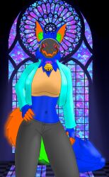  anthro bell bell_collar big_breasts blood blood_tears blue_body blue_clothing blue_fur blue_jacket blue_topwear bodily_fluids bottomwear breasts claws clothed clothing collar crop_top exposed_belly female fur glowing glowing_body glowing_claws glowing_fur green_body green_fur hi_res jacket living_tail machine multi_eye multi_tail navel orange_body orange_claws orange_eyes orange_fur pants protogen shirt solo sprocket_(sprocket_the_proto) sprocket_the_proto tail topwear unusual_anatomy unusual_tail x_eyes 