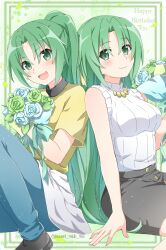  2girls bare_arms black_skirt blue_flower blue_rose blush bouquet breasts closed_mouth clothes_around_waist flower green_background green_eyes green_flower green_hair green_rose hair_ribbon half_updo happy_birthday high_ponytail highres higurashi_no_naku_koro_ni holding holding_bouquet long_hair looking_at_viewer medium_breasts multiple_girls official_style open_mouth pants parted_bangs pencil_skirt ponytail ribbon rose shirt short_sleeves siblings sidelocks sisters sitting skirt sleeveless smile sonozaki_mion sonozaki_shion sweater sweater_around_waist sweater_tucked_in sweet_miuk_tea t-shirt turtleneck turtleneck_sweater twins twitter_username very_long_hair wavy_mouth yellow_shirt 