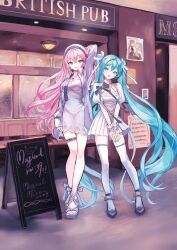  2girls :d aqua_eyes aqua_hair aqua_nails arm_behind_head arm_up black_ribbon blue_eyes blue_footwear blue_ribbon breasts cleavage cleavage_cutout clothing_cutout commentary_request dress english_text frilled_cuffs frilled_wrist_cuffs frills full_body hair_between_eyes hair_ribbon hatsune_miku highres jewelry light_blush long_hair long_sleeves looking_at_viewer medium_breasts megurine_luka multiple_girls nail_polish necklace open_mouth pink_hair pipi puffy_short_sleeves puffy_sleeves ribbon shirt short_sleeves skirt skirt_set sleeves_past_wrists smile standing thighhighs thighlet twintails very_long_hair vocaloid white_dress white_shirt white_skirt white_thighhighs wrist_cuffs zettai_ryouiki 