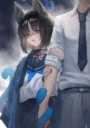  1boy animal_ears betabeet black_eyes black_hair black_sailor_collar black_skirt blue_archive blue_kimono breasts cat_ears cat_tail choker collared_shirt female halo highres japanese_clothes kikyou_(blue_archive) kimono long_sleeves medium_breasts multiple_tails neckerchief necktie open_mouth parted_bangs pleated_skirt sailor_collar shaded_face shirt short_hair skirt tail two_tails white_shirt wide_sleeves 