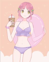  bikini closed_mouth cup female frilled_bikini frills hair_ornament hairclip highres holding holding_cup holding_swim_ring lacey_(pokemon) pink_hair pokemon pokemon_sv purple_bikini scrunchie shinogo_no swim_ring swimsuit wrist_scrunchie yellow_eyes 