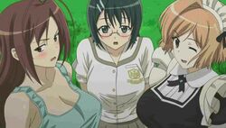  3girls animated animated black_hair blonde_hair blush bounce bouncing bouncing_breasts breasts character_request cleavage glasses green_eyes hazel_eyes ifukube_yahiro large_breasts maid multiple_girls nogisaka_motoka red_hair school_uniform yellow_eyes yorihime_nao yosuga_no_sora 