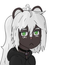  anthro clothing collar facial_piercing femboy green_eyes hair hi_res hoodie mae_peppermint maeowo male mammal mephitid nose_piercing piercing ponytail skunk solo tamagotchi topwear white_hair 