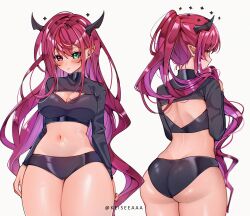  absurdres ass ass_focus blue_eyes breasts female from_behind heterochromia highres hololive hololive_english horns irys_(hololive) keisea long_hair looking_at_viewer medium_breasts multicolored_hair navel pointy_ears red_hair solo streaked_hair underbutt very_long_hair virtual_youtuber 