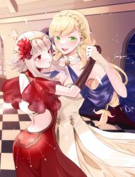  2girls absurdres alternate_costume armpits ass back ballroom bare_back blonde_hair breasts circlet cleavage commission dancing dress earrings elbow_gloves fire_emblem fire_emblem_heroes flower gloves green_eyes grey_hair hair_flower hair_ornament half_gloves hand_on_another&#039;s_back highres holding_hands jewelry light_particles lipstick long_hair looking_to_the_side makeup multiple_girls official_alternate_hairstyle red_dress red_eyes sakuramotikun second-party_source sharena_(fire_emblem) shawl short_hair short_hair_with_long_locks signature skeb_commission tareme veronica_(fire_emblem) veronica_(princess_rising)_(fire_emblem) 