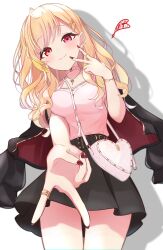  absurdres bag belt black_belt black_jacket black_skirt blonde_hair bracelet breasts collar commentary_request double_v female foreshortening gradient_hair gyaru_v hair_ornament handbag heart heart-shaped_bag heterochromia highres hoshikawa_sara hoshikawa_sara_(8th_costume) jacket jacket_on_shoulders jewelry jirai_kei lace-trimmed_shirt lace_trim light_smile long_hair looking_at_viewer medium_breasts miniskirt multicolored_hair necklace nijisanji nishiki_yuno pink_collar pink_shirt pleated_skirt red_eyes red_nails ring shirt short_sleeves skirt solo streaked_hair v virtual_youtuber white_background x_hair_ornament yellow_eyes zipper 