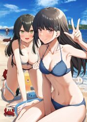  3girls beach bikini black_hair blue_bikini blue_sky breasts crab day enemy_aircraft_(kancolle) enemy_lifebuoy_(kancolle) enemy_naval_mine_(kancolle) grey_bikini grey_eyes hair_ornament hairclip hayashio_(kancolle) highres jiji_(creature) kantai_collection kuma_(kancolle) long_hair looking_at_viewer medium_breasts multiple_girls open_mouth outdoors oyashio_(kancolle) sand sky swimsuit t-head_admiral water yellow_eyes 