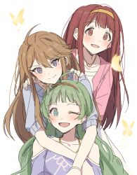  3girls ;d absurdres ahoge blush brown_hair brown_hairband bug butterfly collarbone glowing_butterfly green_hair hairband hands_on_another&#039;s_shoulders hano9789 heart heart_necklace highres hug hug_from_behind idolmaster idolmaster_million_live! jewelry long_hair looking_at_viewer multiple_girls necklace one_eye_closed red_hair shimabara_elena simple_background smile straight_hair tanaka_kotoha tokoro_megumi very_long_hair white_background yellow_butterfly yellow_hairband 