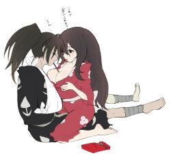  1boy arm_sling barefoot between_breasts black_hair breasts brown_hair cleavage closed_eyes dororo_(tezuka) eating female food hyakkimaru_(dororo) japanese_clothes kimono large_breasts mio_(dororo) pocky ponytail prosthesis prosthetic_leg red_kimono simple_background sitting straddling straight yamatomoti 