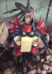  armor black_hair black_hat blindfold breasts dual_wielding fate/grand_order fate_(series) female grin hair_bun hat highres holding japanese_armor katana kote large_breasts long_hair long_sleeves pants parted_bangs purple_lips sash shoulder_armor side_ponytail sidelocks signature single_side_bun smile sode solo suneate sword taira_no_kagekiyo_(fate) taira_no_kagekiyo_(second_ascension)_(fate) tonko_from ushiwakamaru_(fate) weapon white_pants 