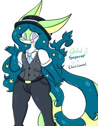  anthro blue_eyes blue_hair bottomwear clothing generation_5_pokemon green_body hair hat headgear headwear hi_res lewdchuu_(artist) male necktie nintendo pants pokemon pokemon_(species) serperior shiny_pokemon shirt solo tail topwear 