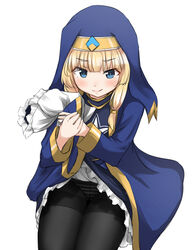  black_pantyhose blonde_hair blue_eyes blue_robe cecily_(konosuba) closed_mouth eyebrows_hidden_by_hair female headpiece kono_subarashii_sekai_ni_bakuen_wo! kono_subarashii_sekai_ni_shukufuku_wo! lifting_own_clothes long_hair long_sleeves looking_at_viewer panties panties_under_pantyhose pantyhose priestess robe robe_lift simple_background sitting smile solo tori_(minamopa) underwear white_background 