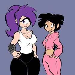  1:1 amy_wong black_hair breasts brown_eyes cleavage clothed clothing comedy_central cyclops duo female futurama hair hi_res human humanoid jek_(artist) light_body light_skin long_hair mammal not_furry purple_eyes purple_hair simple_background turanga_leela 