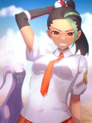  black_gloves blue_sky blush breasts collared_shirt dark-skinned_female dark_skin elbow_gloves female fingerless_gloves freckles gloves goodra grin hair_pulled_back high_ponytail holding holding_poke_ball long_hair looking_at_viewer medium_breasts minami_koyogi multicolored_hair naranja_academy_(emblem) naranja_academy_school_uniform necktie nemona_(pokemon) orange_necktie orange_shorts poke_ball poke_ball_(basic) pokemon pokemon_(creature) pokemon_sv school_uniform shirt short_sleeves shorts sky smile streaked_hair white_shirt 