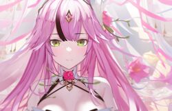  bare_shoulders blurry breasts closed_mouth collar depth_of_field do2mi_doreimi female flower green_eyes hair_ornament lan_(tower_of_fantasy) large_breasts long_hair looking_at_viewer multicolored_hair pink_flower pink_hair sleeveless smile solo streaked_hair tower_of_fantasy upper_body 