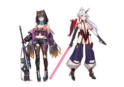  2girls animal_ear_headwear animal_ears beam_saber black_gloves black_shorts black_thighhighs breasts brown_hair cleavage concept_art elbow_gloves fake_animal_ears fate/grand_order fate_(series) glasses gloves goggles goggles_on_head gun highleg highleg_leotard highleg_panties holding holding_gun holding_sword holding_weapon horns jacket kare_huang large_breasts leotard long_hair low_twintails medium_breasts multiple_girls off_shoulder official_art osakabehime_(fate) osakabehime_(swimsuit_archer)_(fate) osakabehime_(swimsuit_archer)_(second_ascension)_(fate) panties ponytail red-framed_eyewear red_eyes shorts single_horn smile sword thighhighs tomoe_gozen_(fate) torn_clothes torn_thighhighs twintails underwear weapon white_hair 