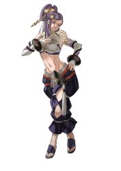  bare_shoulders beads breasts cleavage comb earrings female fingerless_gloves fire_emblem fire_emblem_fates gloves hair_ornament hair_stick hand_fan highres japanese_clothes jewelry large_breasts long_hair looking_at_viewer midriff nail_polish official_style orochi_(fire_emblem) peacefulandflat purple_eyes purple_hair purple_nails smile solo toeless_footwear toenail_polish toenails 