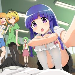  1boy 4girls black_pantyhose black_skirt blonde_hair blue_hair blue_skirt blunt_bangs bow bulge classroom collar dress erection erection_under_clothes frilled_socks frills furude_rika green_dress green_eyes green_hair higurashi_no_naku_koro_ni hime_cut houjou_satoko kneehighs long_hair multiple_girls necktie panties pantyhose pantyshot parted_bangs pleated_skirt polpol purple_bow purple_eyes red_necktie red_skirt ryuuguu_rena school_uniform shirt short_hair short_sleeves skirt socks solo_focus sonozaki_mion suspender_skirt suspenders underwear vest white_collar white_panties white_shirt white_socks yellow_vest 