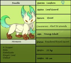  2016 3_toes brown_eyes brown_pupils cheek_tuft digital_media_(artwork) digitigrade eeveelution english_text facial_tuft feet female feral feuille_(looweezah) french_text fur game_freak generation_4_pokemon green_ears green_tail hi_res leaf leaf_tail leafeon looking_at_viewer looweezah model_sheet moveset nintendo pokemon pokemon_(species) pupils quadruped solo stated_adult stated_age stated_gender stated_height stated_weight tail tan_body tan_fur tan_nose text toes tuft 