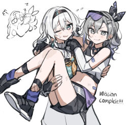  2girls arms_around_neck bandaid black_footwear black_hairband black_jacket black_shorts blush bridal_gauntlets carrying carrying_person chibi chibi_inset drill_hair elbow_gloves emne eyewear_on_head fingerless_gloves firefly_(honkai:_star_rail) gloves goggles goggles_on_head grey_eyes grey_hair hair_intakes hairband honkai:_star_rail honkai_(series) jacket long_hair long_sleeves looking_at_viewer multicolored_eyes multiple_girls navel neckerchief one_eye_closed orange_neckerchief princess_carry shirt shorts silver_wolf_(honkai:_star_rail) single-shoulder_shirt single_bridal_gauntlet single_elbow_glove sleeping smile smirk two-tone_eyes white_hair white_shirt 