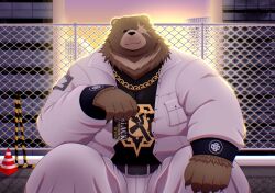  anthro bear ben_bigger bottomwear brown_body brown_fur clothing construction_site facial_scar fur hi_res jacket jewelry male mammal mihoyo missing_eye necklace overweight pants scar sitting solo sunset tai_tanuki topwear white_bottomwear white_clothing white_jacket white_pants white_topwear zenless_zone_zero 