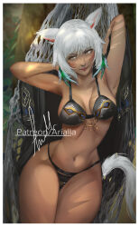  absurdres animal_ears arialla_draws armpits arms_behind_head bikini black_bikini black_jacket blind breasts cat_ears cat_tail cleavage dark-skinned_female dark_skin eyebrows_hidden_by_hair facial_mark feet_out_of_frame female final_fantasy final_fantasy_xiv groin hair_between_eyes hammock highres jacket large_breasts lipstick looking_to_the_side lying makeup miqo&#039;te navel on_back signature solo stomach swimsuit tail thick_thighs thighs white_eyes y&#039;shtola_rhul 