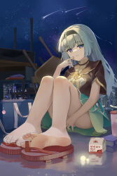  absurdres bag bare_legs barefoot black_hairband blue_eyes book feet female firefly_(honkai:_star_rail) green_skirt grey_hair hairband highres honkai:_star_rail honkai_(series) legs long_hair looking_at_viewer mousedic07 night night_sky parted_lips sailor_collar sandals shirt shoes shooting_star short_sleeves sitting skirt sky soles solo star_(sky) starry_sky toes 