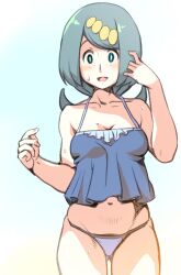  alternate_costume blue_camisole breasts bright_pupils camisole cleavage collarbone commentary_request cowboy_shot ero_kaeru female freckles green_eyes green_hair grey_panties highres lana&#039;s_mother_(pokemon) long_hair looking_at_viewer mature_female multicolored_background navel no_sclera open_mouth panties pokemon pokemon_(anime) pokemon_sm_(anime) smile solo sweat underwear white_pupils 