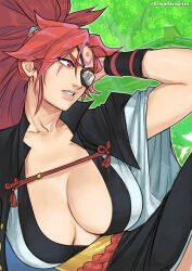  baiken breasts cleavage eyepatch female guilty_gear guilty_gear_strive hand_on_own_face highres japanese_clothes leg_up looking_to_the_side lying one_eye_covered pink_eyes pink_hair ponytail tree upper_body wallace_pires 