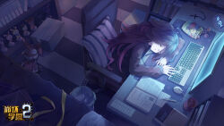  benghuai_xueyuan book box chair clock closed_eyes closed_mouth computer_keyboard computer_mouse copyright_name cup desk digital_clock female food highres homu_(honkai_impact) honkai_(series) houraiji_kyuushou logo long_hair monitor official_art open_book pencil pillow purple_hair second-party_source sitting sleeping snack solo 