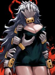  absurdres boku_no_hero_academia breasts cleavage commentary covered_face dress female genderswap_(mtf) highres long_hair machipachi1901 rule_63 shigaraki_tomura solo tagme thigh_gap white_hair 