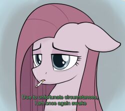  blue_eyes cigarette czu depression equid equine female friendship_is_magic greyscale hasbro hi_res horse mammal monochrome my_little_pony pink_body pink_skin pinkie_pie_(mlp) pony sad simple_background smoking solo 