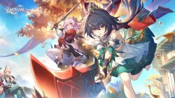  1boy 2girls animal_ears aqua_pants bare_shoulders black_hair blue_sky day detached_sleeves fox_ears green_skirt holding holding_sword holding_weapon honkai:_star_rail honkai_(series) jiaoqiu_(honkai:_star_rail) long_hair march_7th_(honkai:_star_rail) march_7th_(hunt)_(honkai:_star_rail) multiple_girls official_art open_mouth outdoors pants pink_hair skirt sky standing standing_on_one_leg sword very_long_hair weapon yellow_eyes yunli_(honkai:_star_rail) 