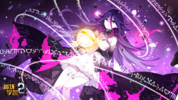  bare_shoulders benghuai_xueyuan breasts closed_mouth copyright_name detached_sleeves dress female hair_between_eyes highres honkai_(series) houraiji_kyuushou logo long_hair official_art purple_eyes purple_hair purple_sleeves second-party_source solo tattoo thighhighs white_dress white_thighhighs 