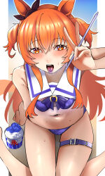  absurdres adapted_costume animal_ears bare_shoulders barefoot bikini breasts commentary_request ear_ornament female food heart heart-shaped_pupils highres horse_ears horse_girl horse_tail jitome_no_tsugumi long_hair mayano_top_gun_(umamusume) navel orange_eyes orange_hair outdoors purple_bikini shaved_ice sitting small_breasts solo stomach sweat swimsuit symbol-shaped_pupils tail teeth thigh_strap tongue tongue_out two_side_up umamusume upper_teeth_only v wariza 