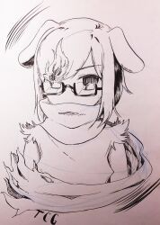  2017 animal_humanoid anime_eyes bangs black_and_white black_eyes canid canid_humanoid canine canine_humanoid clothing dog_humanoid duokhay duokhay_(character) eye_through_hair eyebrow_through_hair eyebrows eyewear female floppy_ears glasses guide_lines hair hi_res humanoid inktober inktober_2017 mammal mammal_humanoid medium_hair monochrome pen_(artwork) rectangular_glasses scarf shirt simple_background solo tank_top topwear traditional_media_(artwork) translucent translucent_hair white_clothing white_ears white_scarf white_shirt white_tank_top white_topwear 