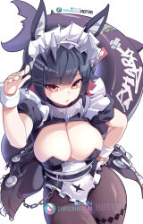  arm_up black_hair black_pantyhose breasts cleavage colored_inner_hair ellen_joe female fins fish_tail hair_ornament hand_on_own_hip highres hot_vr large_breasts looking_at_viewer maid_headdress metal_hairband mole mole_under_eye multicolored_hair pantyhose pixiv_username playboy_bunny rabbit_pose red_eyes red_hair shark_girl shark_tail sharp_teeth short_hair simple_background solo spiked_headband subscribestar_username tail teeth two-tone_hair white_wrist_cuffs wrist_cuffs x_hair_ornament zenless_zone_zero 