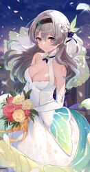  absurdres bare_shoulders black_hairband bouquet bridal_veil commentary_request commission cowboy_shot detached_sleeves dress female firefly_(honkai:_star_rail) flower grey_hair hair_ornament hairband haru_(nakajou-28) highres holding holding_bouquet honkai:_star_rail honkai_(series) long_hair long_sleeves pink_flower pink_rose pixiv_commission purple_eyes rose sleeveless sleeveless_dress solo standing veil very_long_hair white_dress yellow_flower yellow_rose 